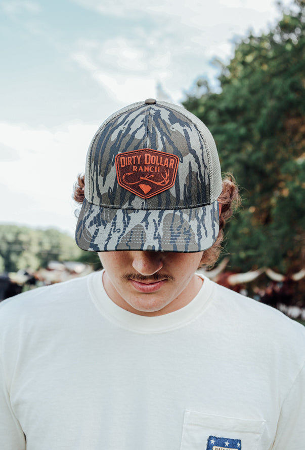 Mossy Oak Bottomlands / Khaki Dirty Dollar Ranch Leather Patch Hat