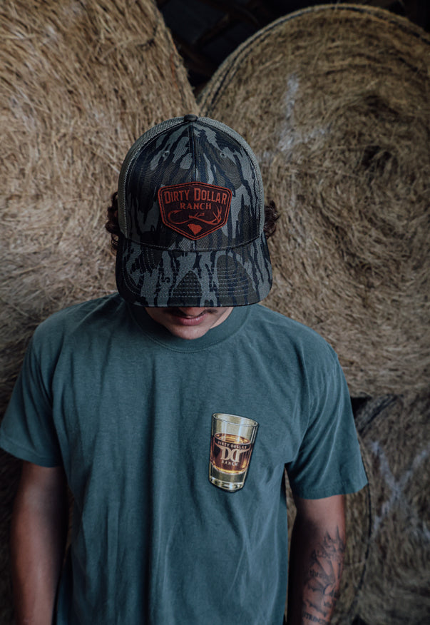 Mossy Oak Bottomlands / Khaki Dirty Dollar Ranch Leather Patch Hat