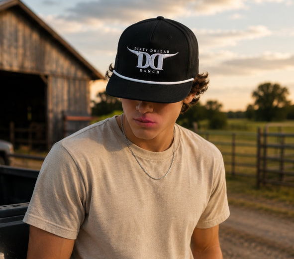 Black / White Rope Dirty Dollar Ranch Embroidered Logo Hat