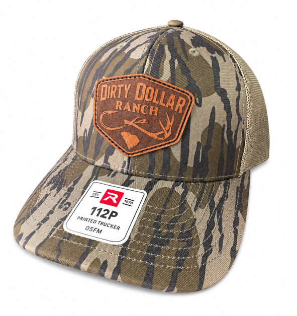 Mossy Oak Bottomlands / Khaki Dirty Dollar Ranch Leather Patch Hat