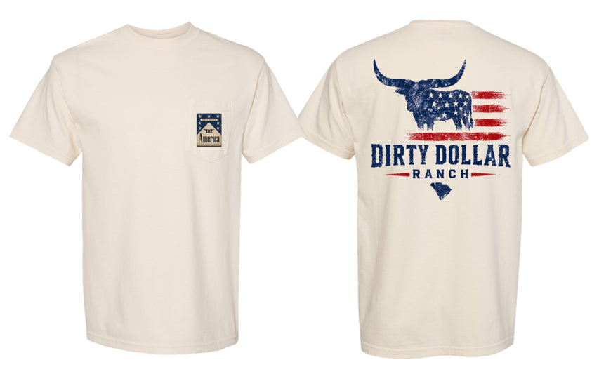 Ivory Comfort Colors Dirty Dollar Ranch Flag Pocket Short Sleeve Tee
